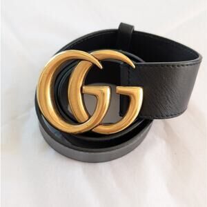 Gucci GG Black Leather Unisex Gold Double G Buckle Belt, size 85/34